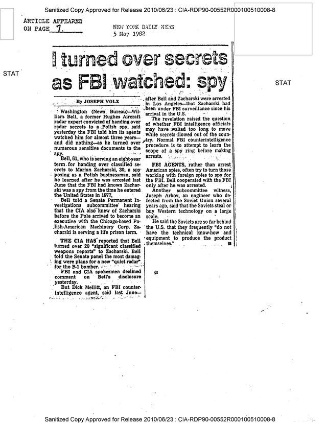 A CIA reading room clipping sheet of the New York Daily News of 5 May 1982, a heavy slab headline reading I turned over secrets as FBI watched: spy over two columns