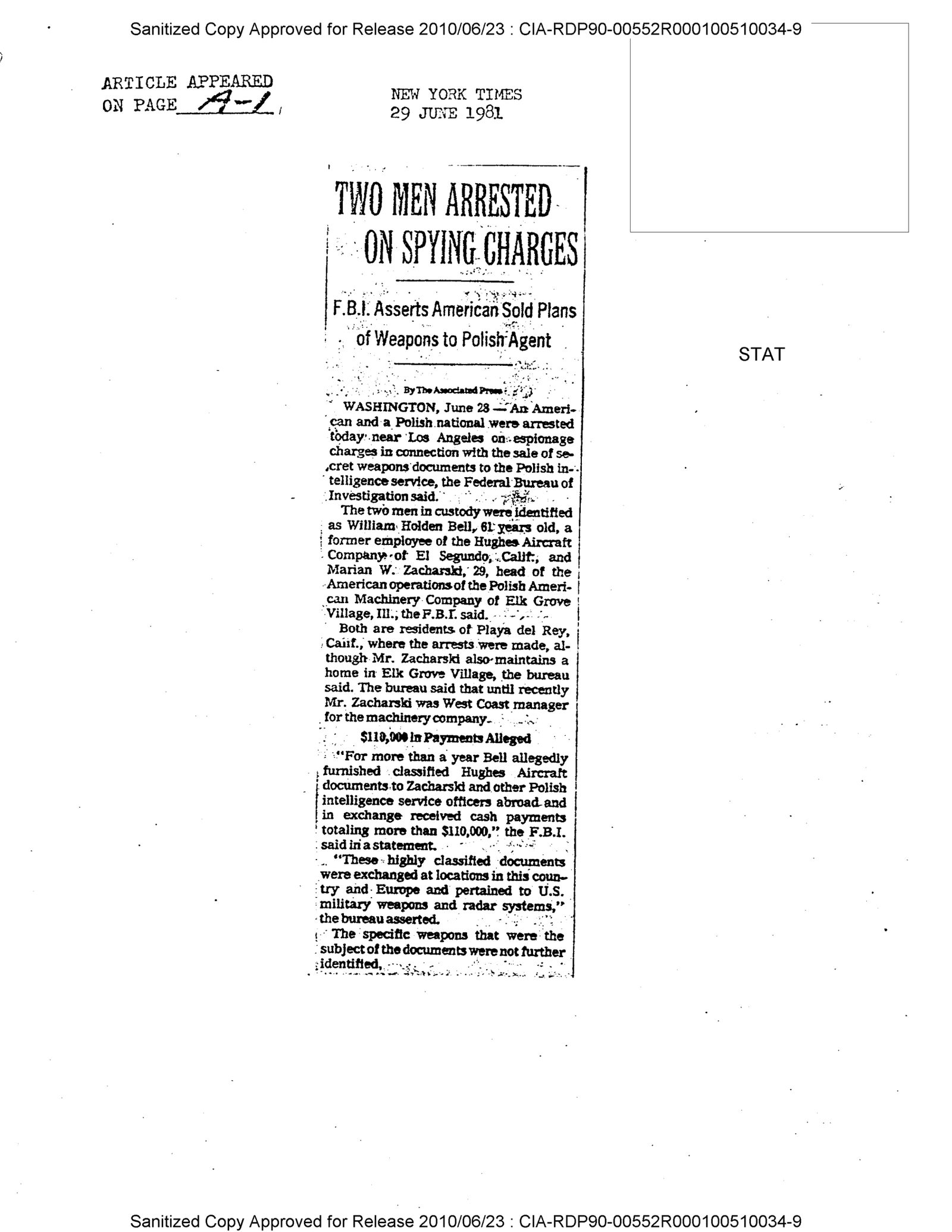 A CIA reading room clipping sheet with a release line at top and bottom and the typed header New York Times, 29 June 1981, page A-1, holding one column headed Two Men Arrested on Spying Charges, F.B.I. Asserts American Sold Plans of Weapons to Polish Agent