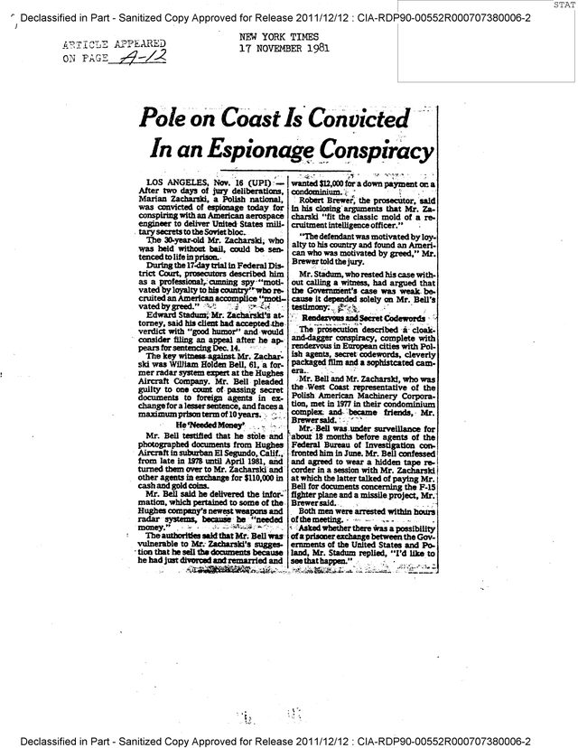 A CIA reading room clipping sheet of The New York Times of 17 November 1981, two columns headlined Pole on Coast Is Convicted In an Espionage Conspiracy