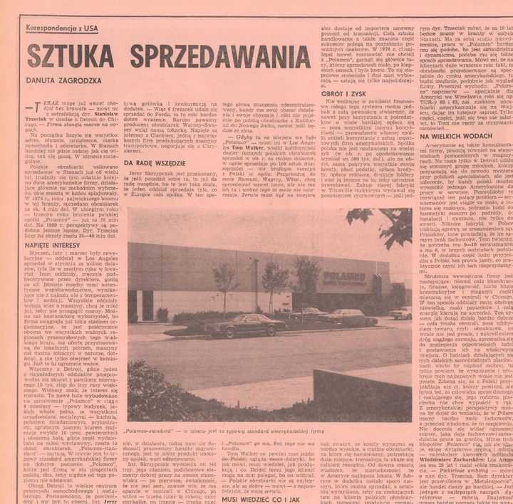 A magazine page in Polish headed Korespondencja z USA and Sztuka sprzedawania, with a large photograph of a low modern building signed POLAMCO behind a car park and young trees