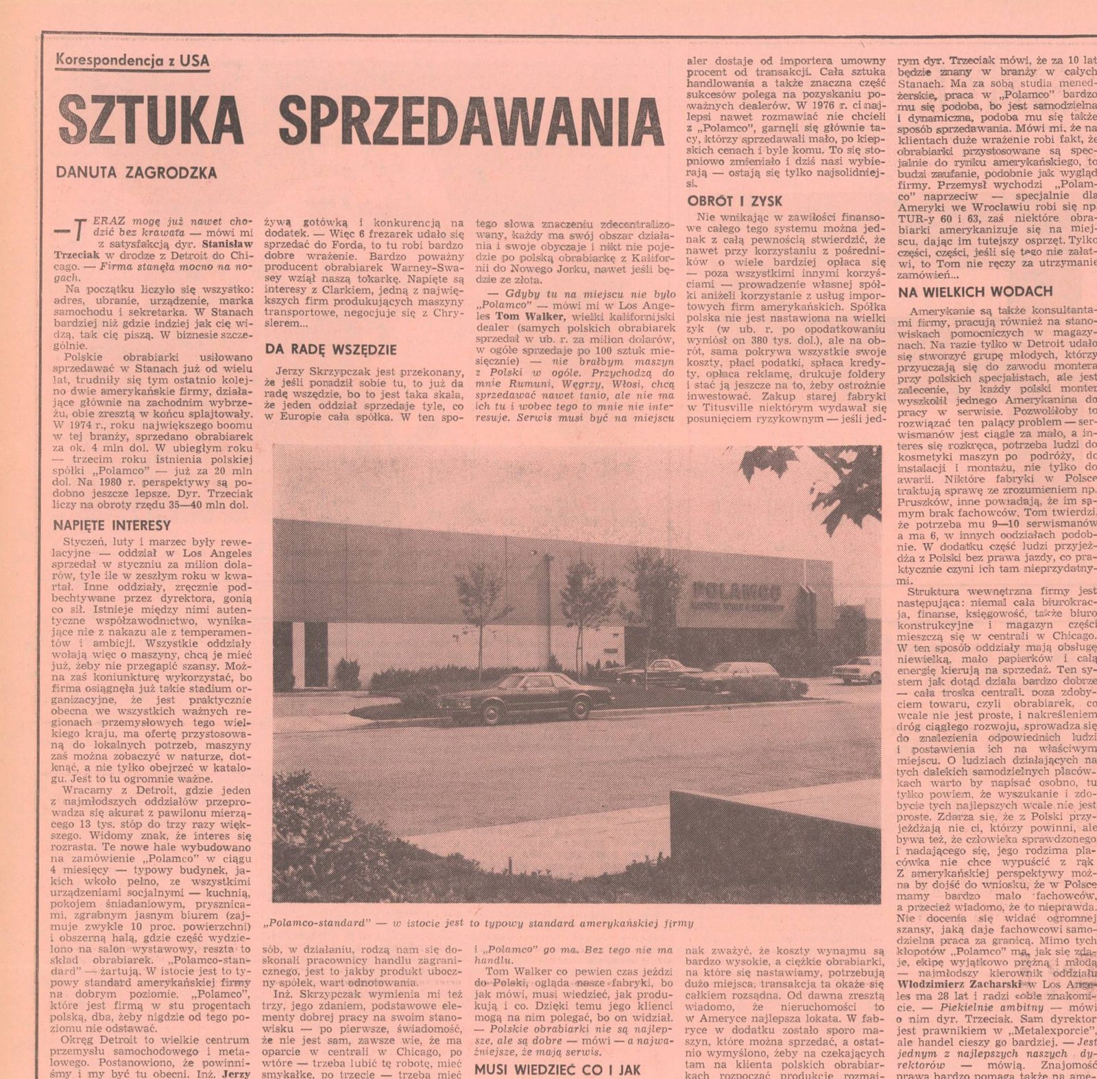 A magazine page in Polish headed Korespondencja z USA and Sztuka sprzedawania, with a large photograph of a low modern building signed POLAMCO behind a car park and young trees