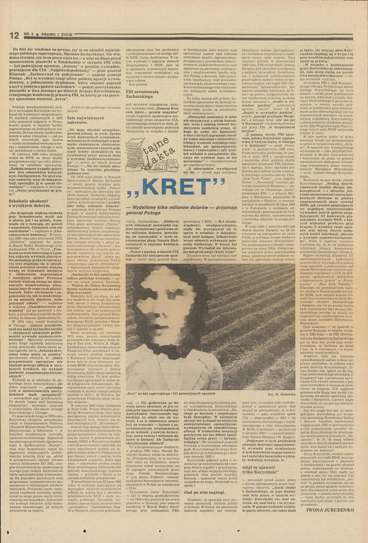 A full magazine page in Polish headlined KRET in large blue letters beside a drawing of stacked files marked tajne akta, with a photograph of a face the paper has broken into large squares