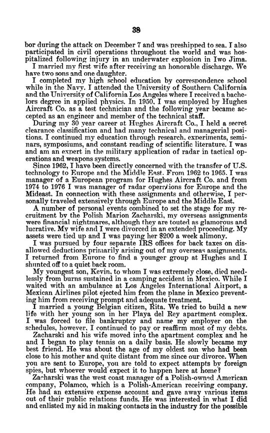 A printed page of the hearing volume, numbered 38: Bell's account of his Navy years, his thirty years at Hughes, his debts, the death of his son Kevin, his marriage to Rita, and the paragraph on how he and Zacharski began to play tennis