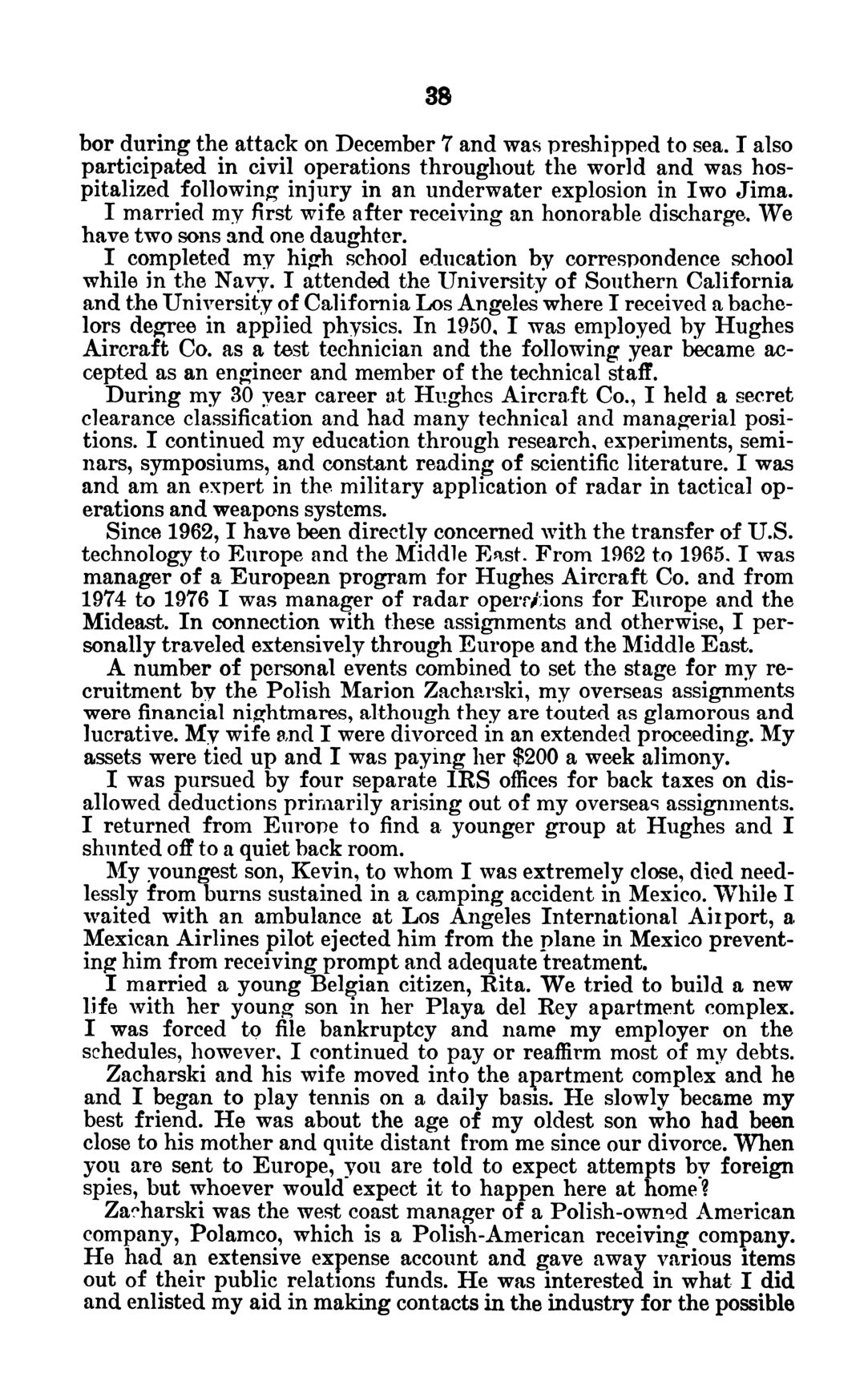 A printed page of the hearing volume, numbered 38: Bell's account of his Navy years, his thirty years at Hughes, his debts, the death of his son Kevin, his marriage to Rita, and the paragraph on how he and Zacharski began to play tennis