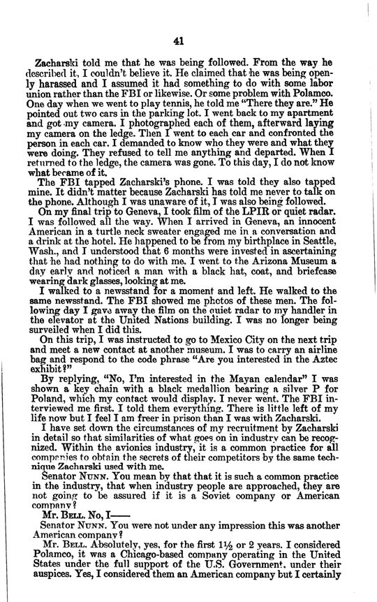 A printed page of the hearing volume, numbered 41: the cars in the parking lot and the camera left on a ledge, the trip to Geneva with the film of the quiet radar, the Mexico City recognition phrases, and the lines about being freer in prison