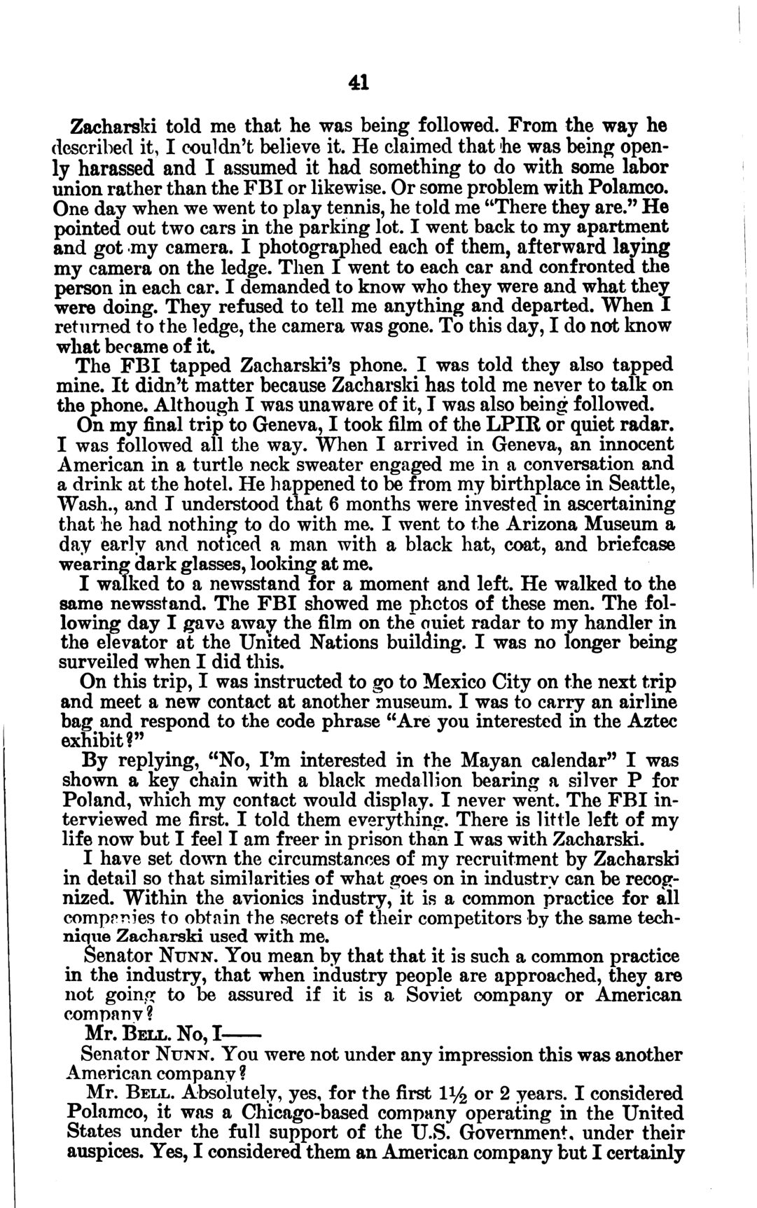 A printed page of the hearing volume, numbered 41: the cars in the parking lot and the camera left on a ledge, the trip to Geneva with the film of the quiet radar, the Mexico City recognition phrases, and the lines about being freer in prison
