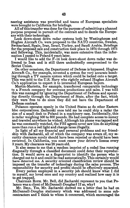 A printed page of the hearing volume, numbered 43: the radar the size of a small desk, the red light and the illegal lane changes, and the clearance that was twenty-eight years old