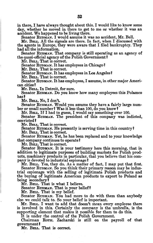 A printed page of the hearing volume, numbered 52, opening with Bell's wish to know whether Zacharski moved in to get to him or whether it was an accident, and Senator Rudman's reply, followed by questions about Polamco