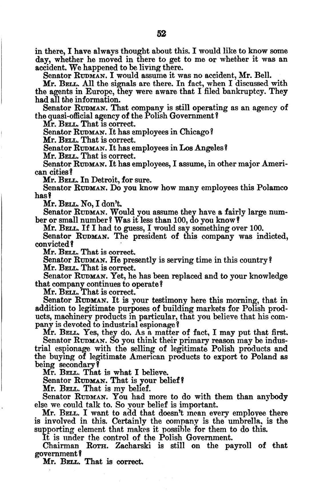 A printed page of the hearing volume, numbered 52, opening with Bell's wish to know whether Zacharski moved in to get to him or whether it was an accident, and Senator Rudman's reply, followed by questions about Polamco