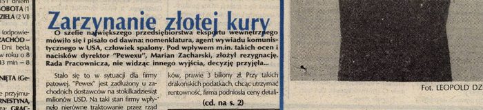 A newspaper headline in blue, Zarzynanie złotej kury, over a standfirst in Polish that names the Pewex director Marian Zacharski