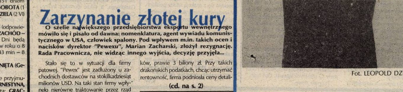 A newspaper headline in blue, Zarzynanie złotej kury, over a standfirst in Polish that names the Pewex director Marian Zacharski