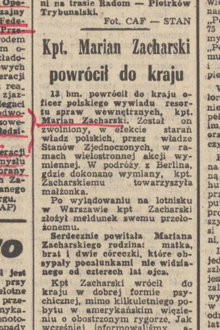 A narrow newspaper column in Polish headed Kpt. Marian Zacharski powrócił do kraju, the headline and his name underlined in red pen, between the edges of neighbouring columns