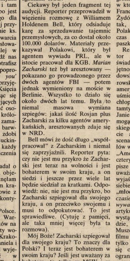 A column of Polish newsprint recounting an American television reporter's prison interview with William Holden Bell