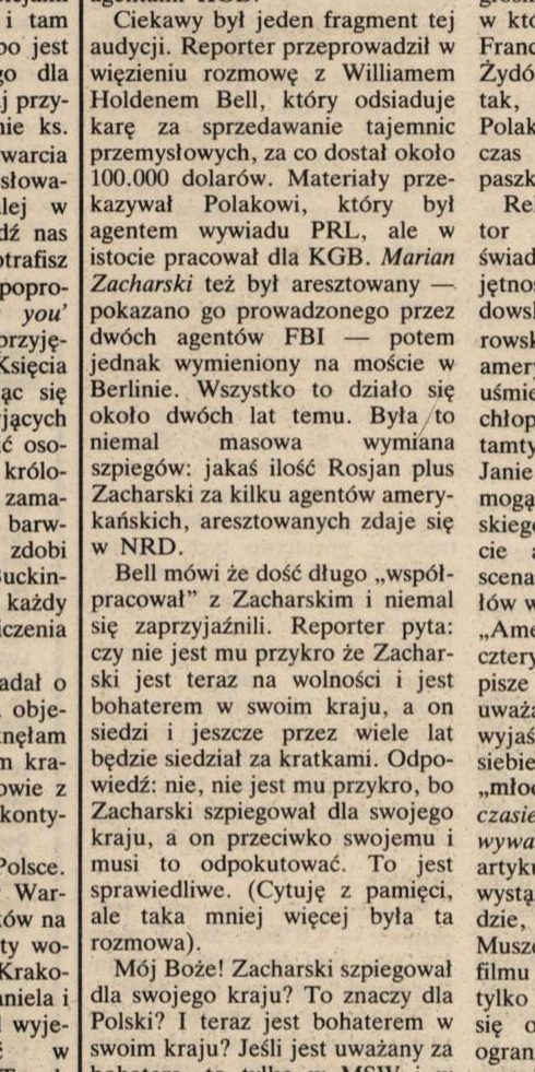 A column of Polish newsprint recounting an American television reporter's prison interview with William Holden Bell