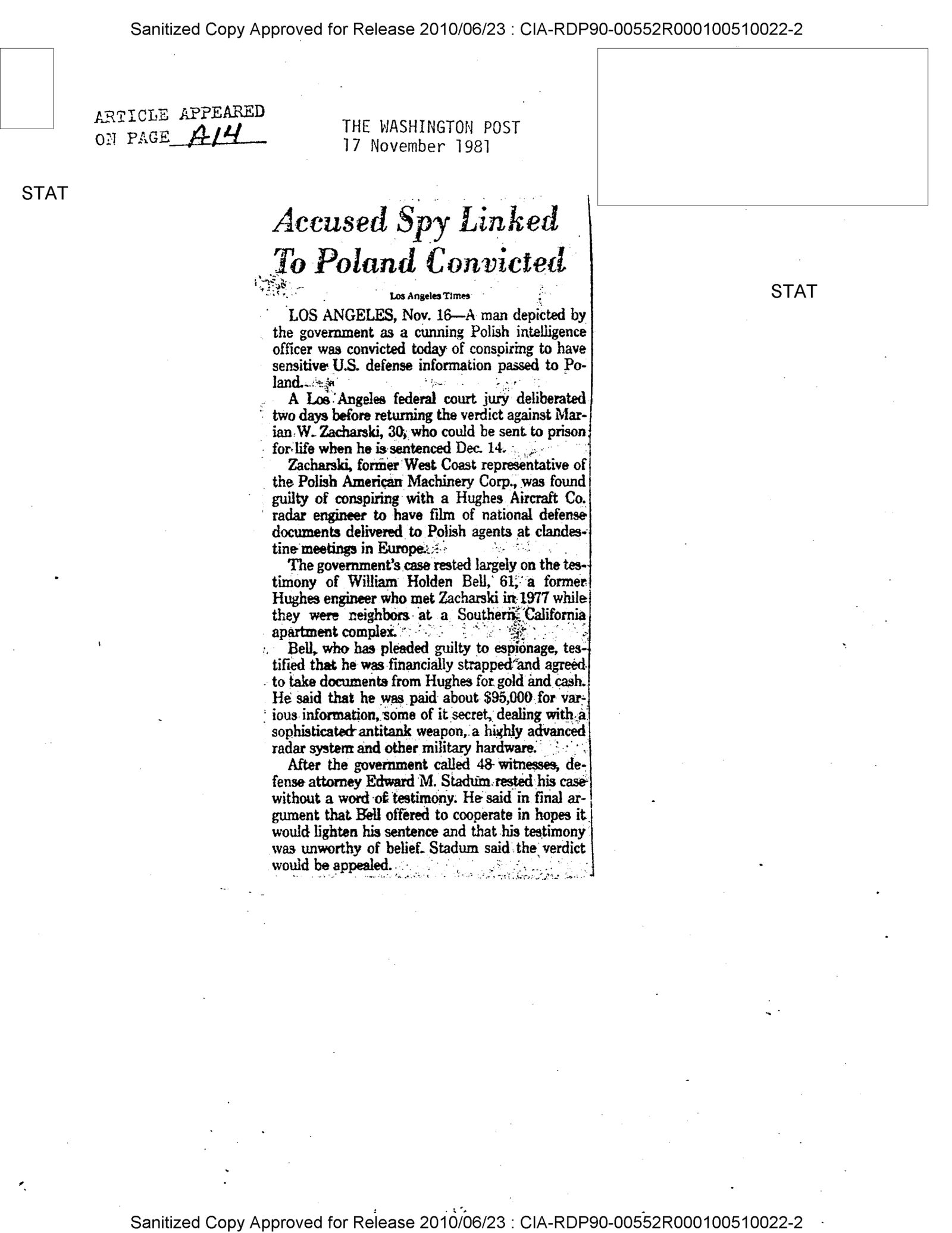 A CIA reading room clipping sheet of The Washington Post of 17 November 1981, one column headlined Accused Spy Linked To Poland Convicted