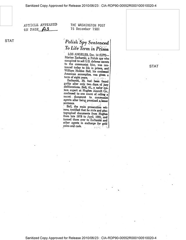 A CIA reading room clipping sheet of The Washington Post of 15 December 1981, a short column headlined Polish Spy Sentenced To Life Term in Prison
