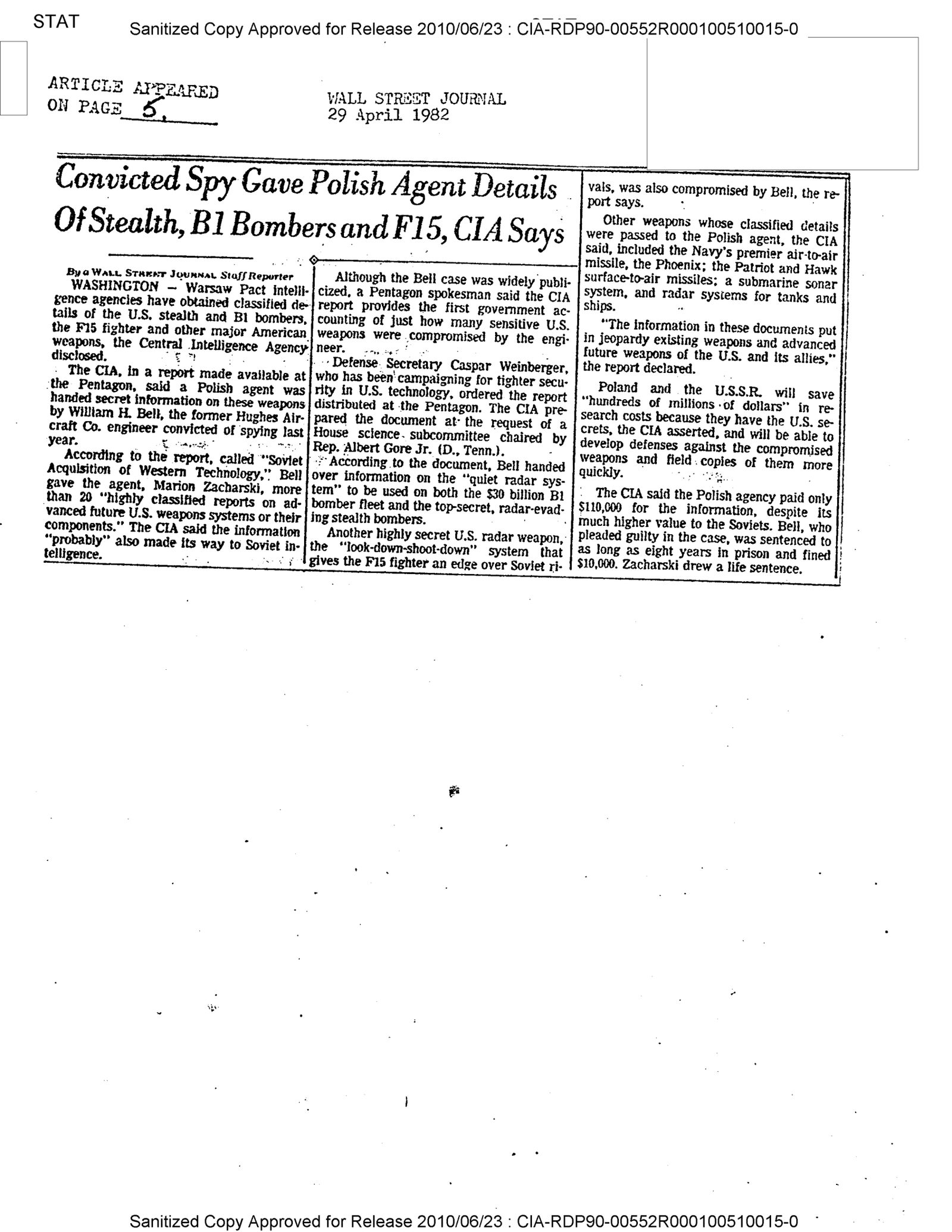 A CIA reading room clipping sheet of The Wall Street Journal of 29 April 1982, three columns headlined Convicted Spy Gave Polish Agent Details Of Stealth, B1 Bombers and F15, CIA Says