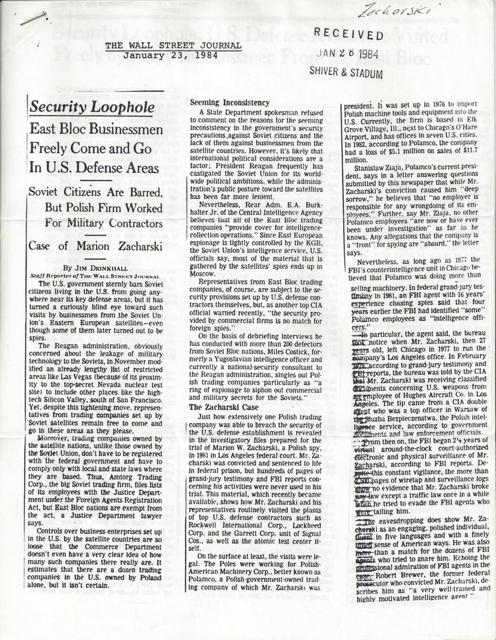 A photocopied front page of The Wall Street Journal dated January 23, 1984, headlined Security Loophole and Case of Marion Zacharski, with a received stamp of January 28, 1984 reading Shiver & Stadum, the name Zacharski written by hand above it, and passages underlined by hand