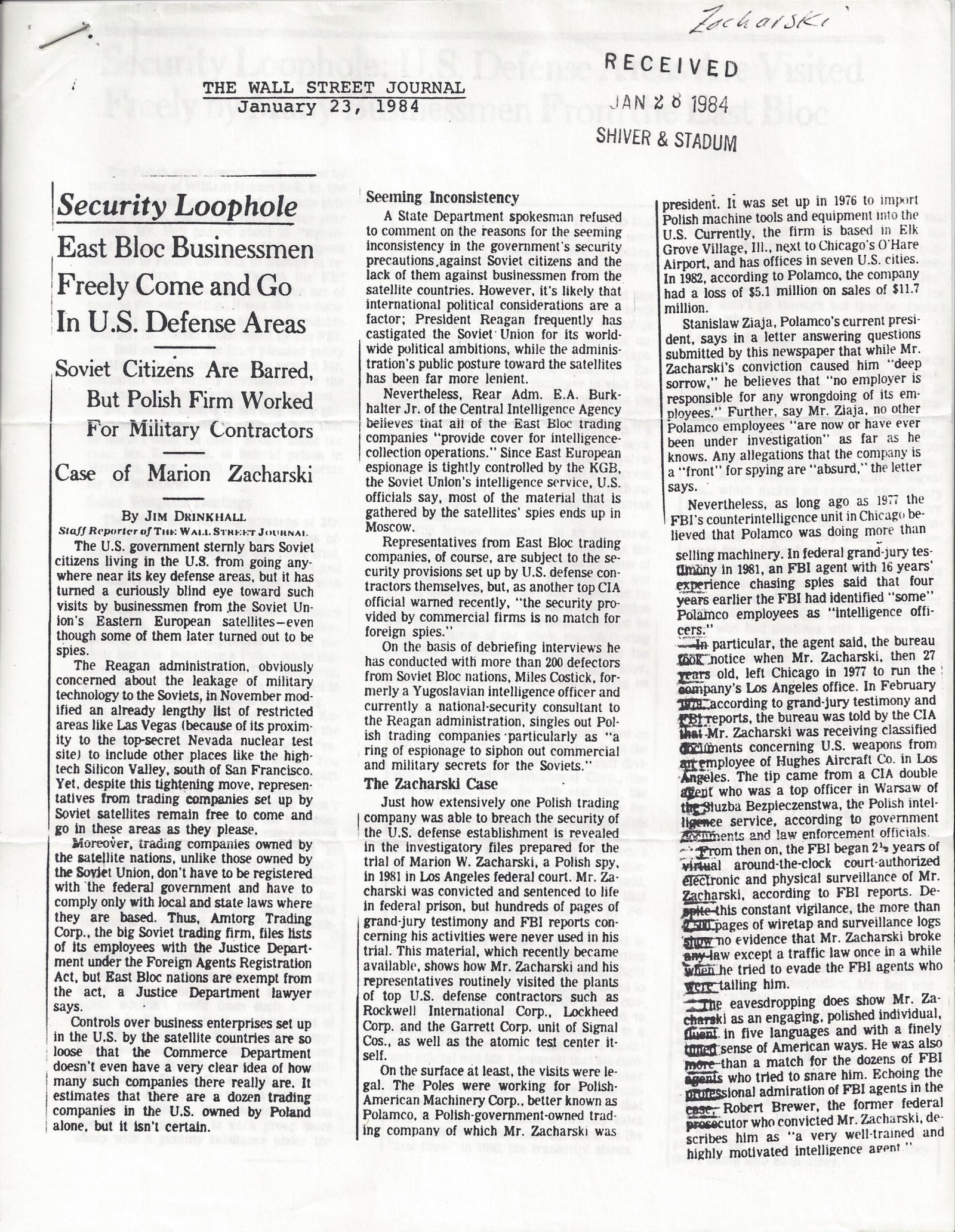 A photocopied front page of The Wall Street Journal dated January 23, 1984, headlined Security Loophole and Case of Marion Zacharski, with a received stamp of January 28, 1984 reading Shiver & Stadum, the name Zacharski written by hand above it, and passages underlined by hand