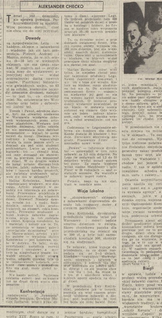 Two columns of a Polish newspaper feature by Aleksander Chećko, with the crossheads Dowody, Konfrontacja and Wizja lokalna and a passage naming Director Marian Zacharski
