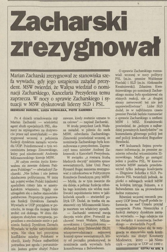 A front page story in Polish headlined Zacharski zrezygnował in heavy black letters, a standfirst and three columns quoting his statement
