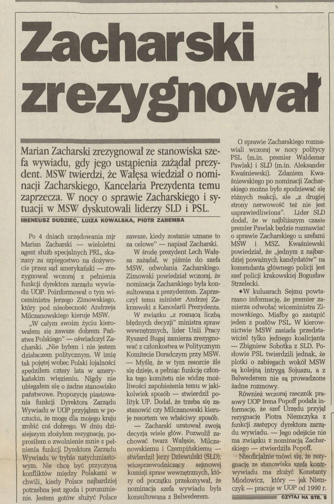 A front page story in Polish headlined Zacharski zrezygnował in heavy black letters, a standfirst and three columns quoting his statement