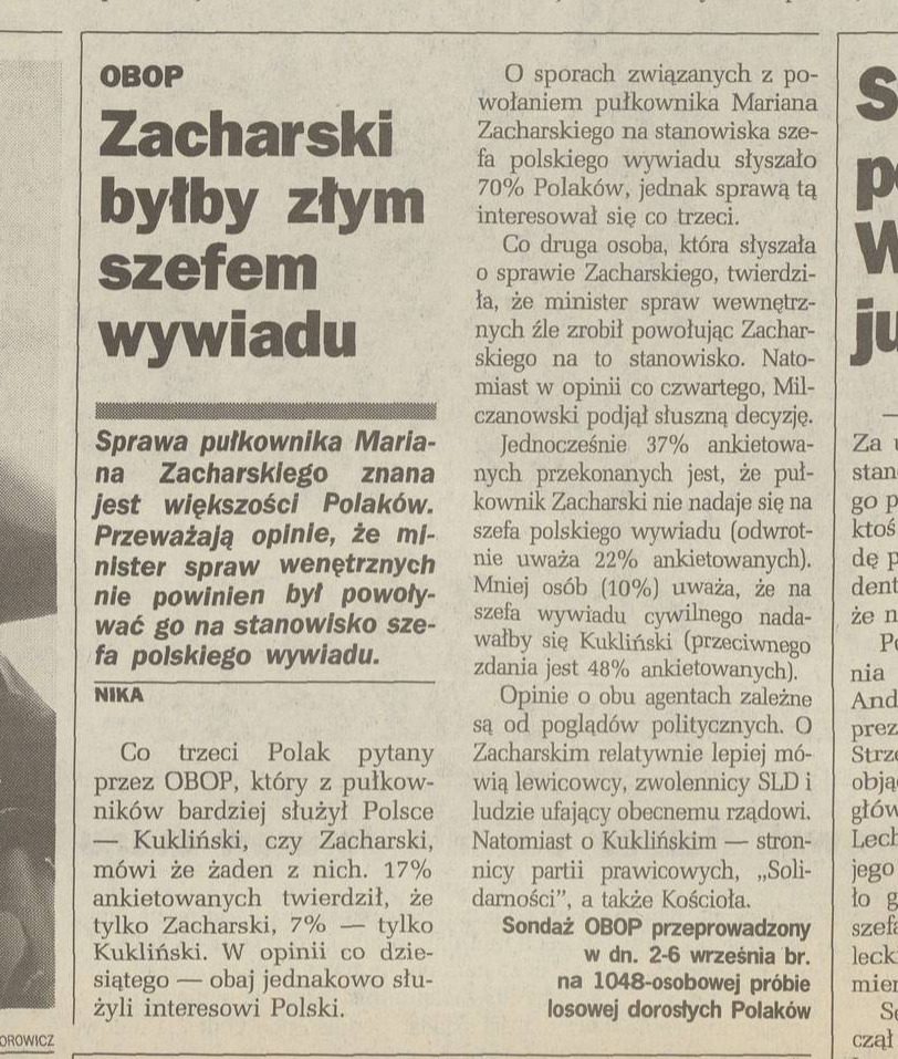 A newspaper story in Polish headed OBOP and Zacharski byłby złym szefem wywiadu, giving the figures of a poll of 1,048 adults