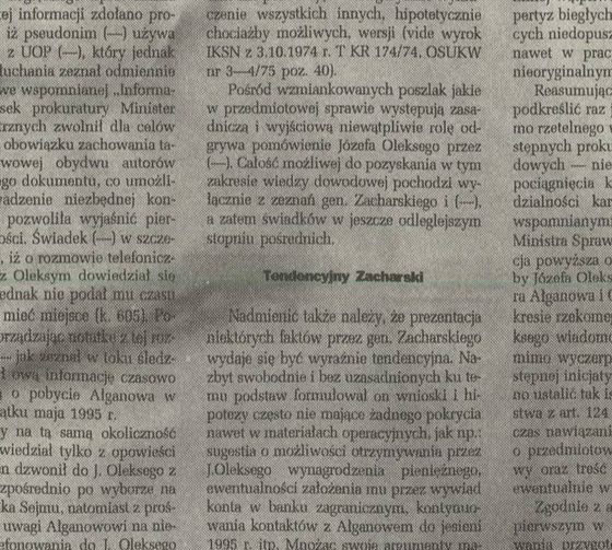 A section of a newspaper page in Polish with the subheading Tendencyjny Zacharski in the middle of the military prosecutor's reasoning