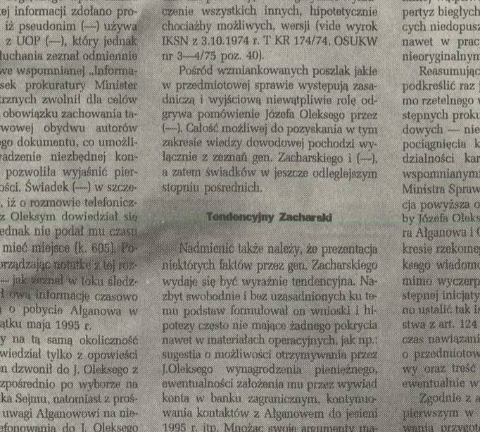 A section of a newspaper page in Polish with the subheading Tendencyjny Zacharski in the middle of the military prosecutor's reasoning