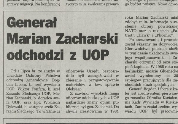 A newspaper story in Polish headlined Generał Marian Zacharski odchodzi z UOP, naming the generals and the captain leaving the Office of State Protection