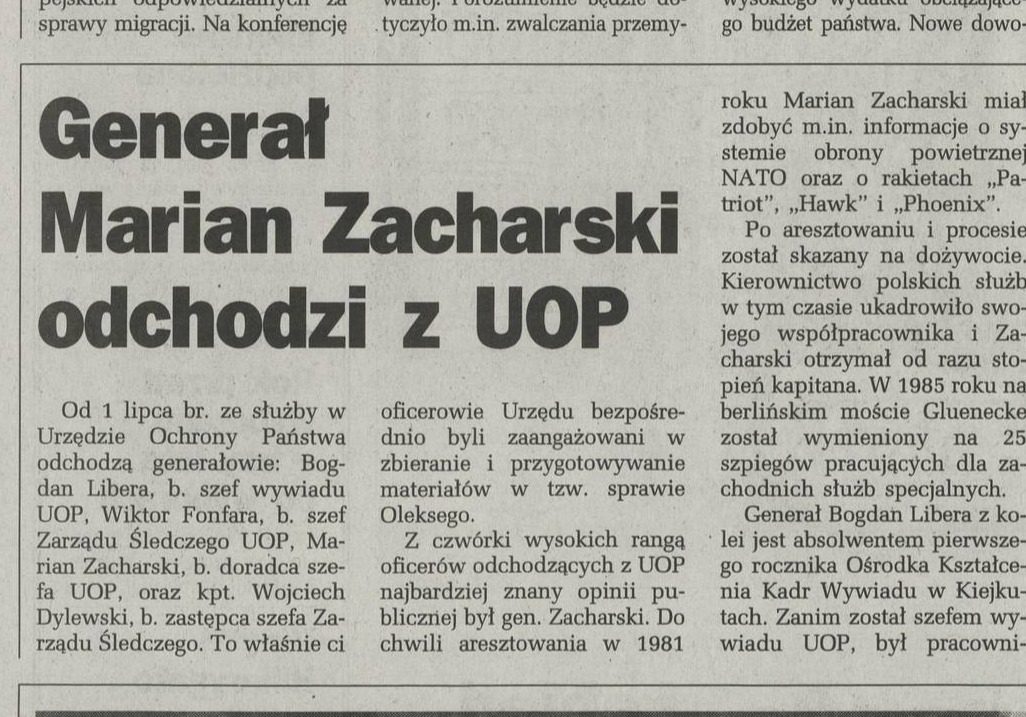 A newspaper story in Polish headlined Generał Marian Zacharski odchodzi z UOP, naming the generals and the captain leaving the Office of State Protection