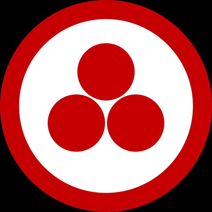 Three red spheres set in a triangle inside a single red circle on a white ground