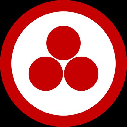 Three red spheres set in a triangle inside a single red circle on a white ground
