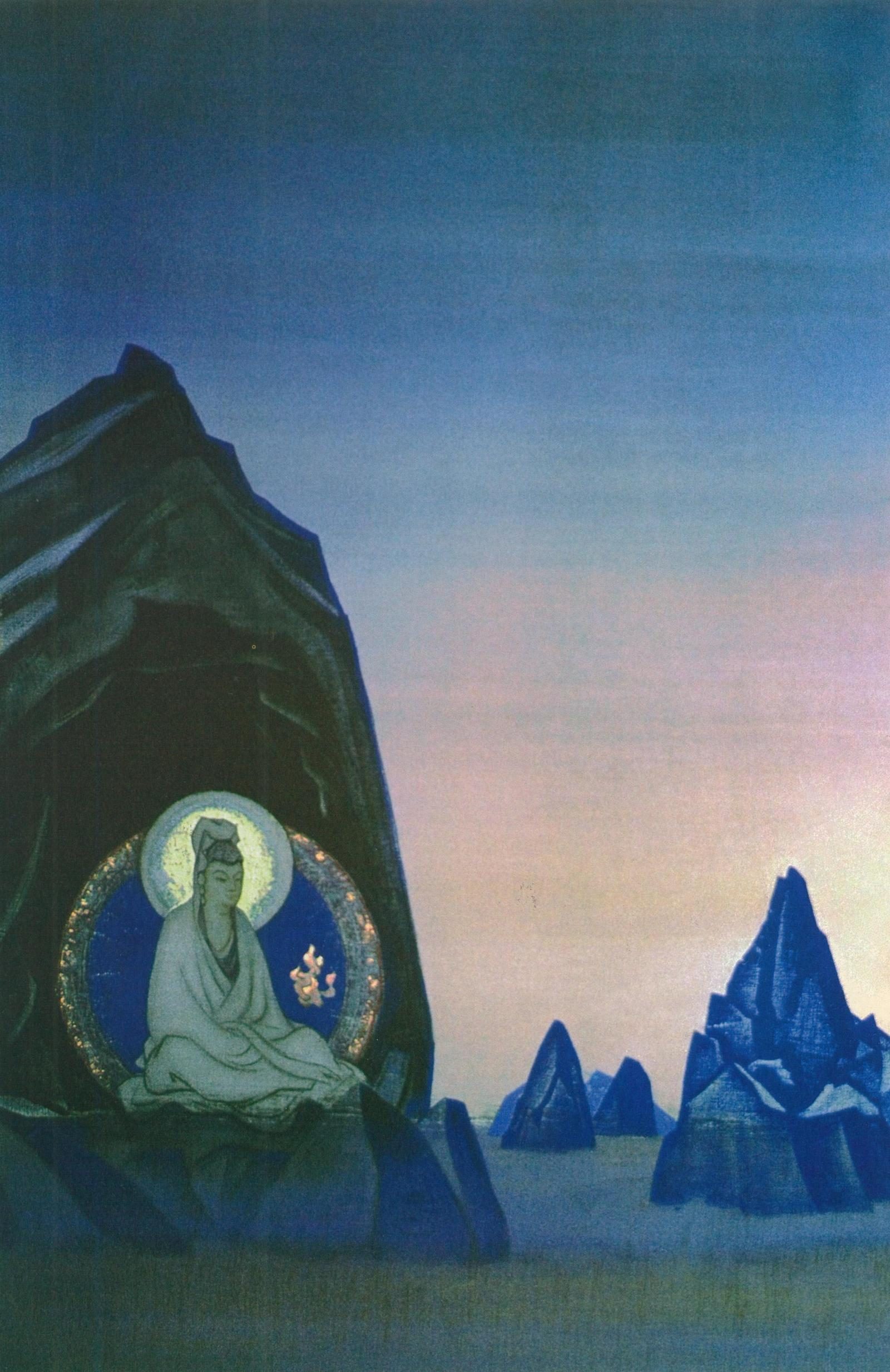 A painting of a seated figure haloed in green light at the foot of a dark mountain, blue peaks rising from still water under a pale sky