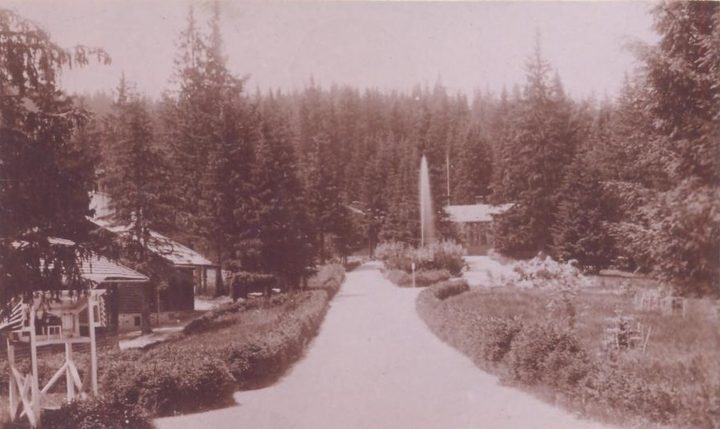 An archive photograph of a gravel walk between clipped hedges running towards a fountain, with timber pavilions and garden chairs on either side and forest behind